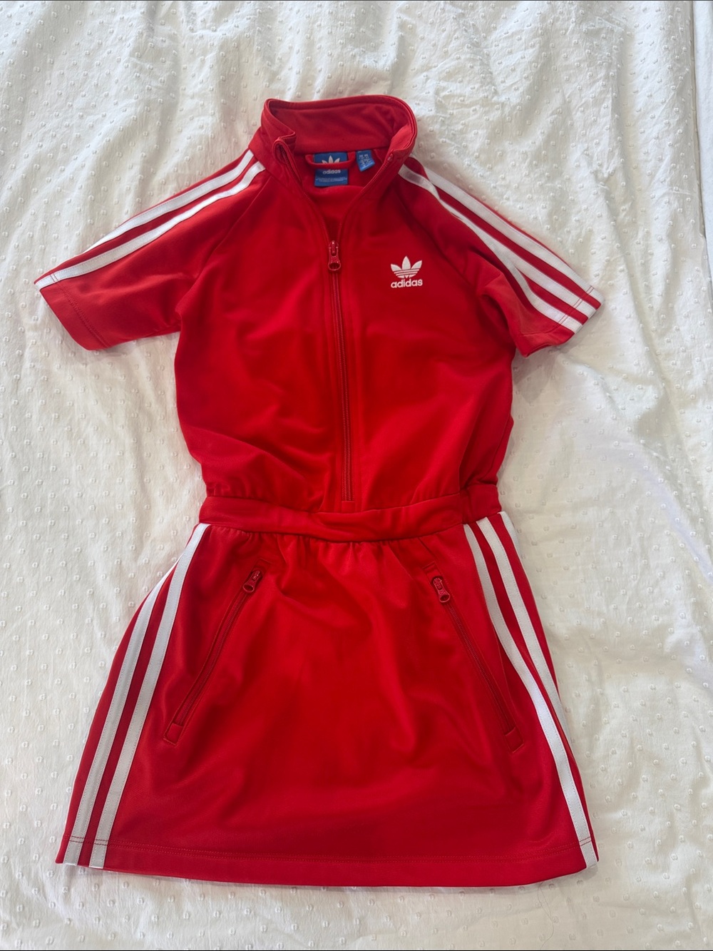 adidas Red Girls Zip-Front Sport Dress with White Stripes